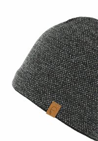 Knit beanie in dark gray with a textured pattern. It features a small brown leather patch with a logo label on the side.