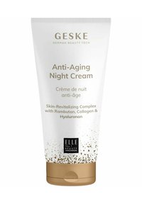 Vit kosmetiktub med ett guldlock, märkt "GESKE Anti-Aging Night Cream." Textdetaljer inkluderar ingredienser och märkesnamn i svart.