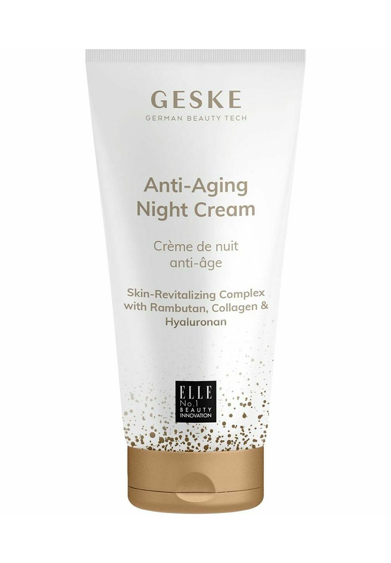 Vit kosmetiktub med ett guldlock, märkt "GESKE Anti-Aging Night Cream." Textdetaljer inkluderar ingredienser och märkesnamn i svart.