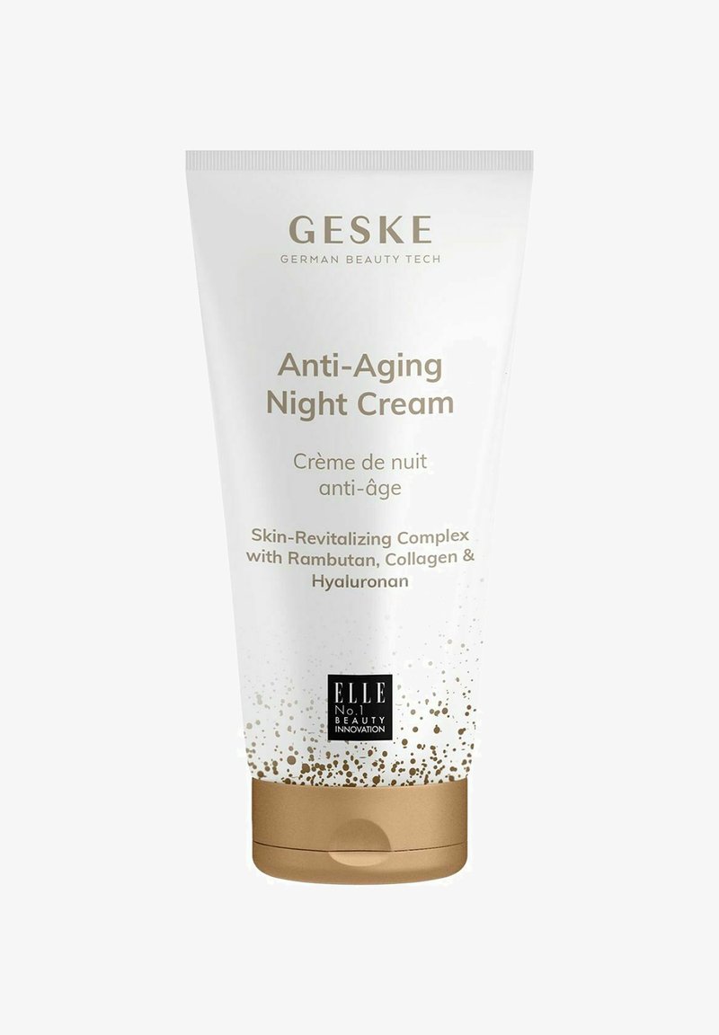 Vit kosmetiktub med ett guldlock, märkt "GESKE Anti-Aging Night Cream." Textdetaljer inkluderar ingredienser och märkesnamn i svart.
