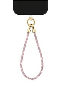 Różowy kryształowy pasek z złotymi elementami, zaprojektowany do przymocowania do czarnego etui na telefon. Charakteryzuje się gładką, błyszczącą fakturą i pętlą.