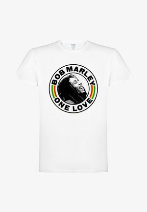 Bílý bavlněný tričko s kruhovým černým grafickým znakem mužského profilu a textem "BOB MARLEY ONE LOVE" s barevnými pruhy v červené, žluté a zelené barvě.