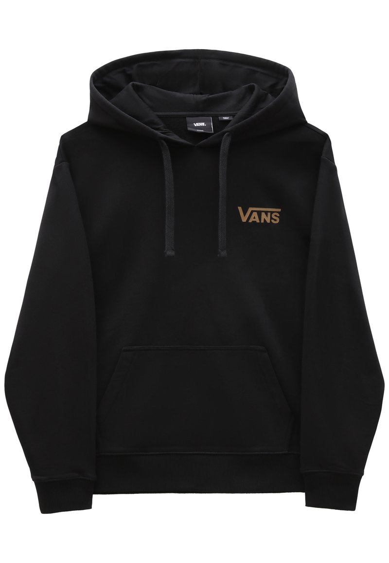 Felpa nera con cappuccio, maniche lunghe, tasca a marsupio e logo "VANS" in bronzo sulla parte superiore sinistra del petto. Materiale morbido, vestibilità regolare.