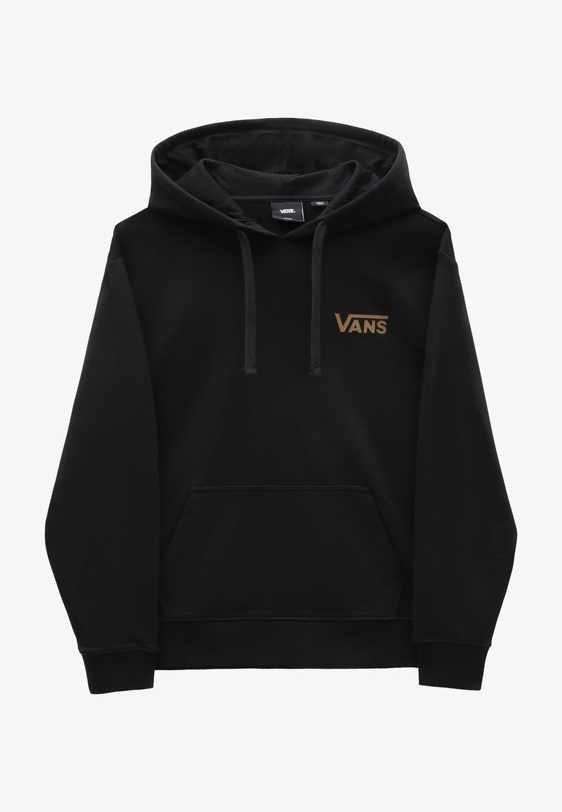 Felpa nera con cappuccio, maniche lunghe, tasca a marsupio e logo "VANS" in bronzo sulla parte superiore sinistra del petto. Materiale morbido, vestibilità regolare.