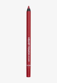 Matita per labbra rossa con finitura opaca. Il testo sul fusto recita "VELVET TOUCH LIPLINER" in bianco. Punta affusolata per un'applicazione precisa.