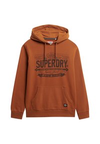 Brązowa bluza z kapturem i sznurkiem, z przednią kieszenią oraz dużym czarnym nadrukiem logo. Miękki materiał z ściągaczami na mankietach i dolnym brzegu.
