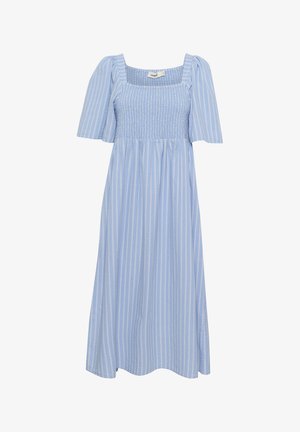 Gaiši zila maxi kleita ar vertikālām baltām svītrām, kvadrātveida kakla izgriezumu, smockēto korseti un īsām pūkainām piedurknēm. Mīksta auduma ar plūstošu dizainu.