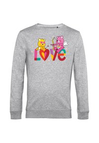 Felpa grigia con orsetti dei cartoni animati colorati, uno giallo e uno rosa, con un cuore e la parola "Amore" in lettere rosse e blu in grassetto.