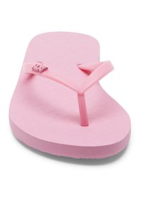 Enkel pink flip-flop med tekstureret sål og Y-formet rem, der har et lille dekorativt logo på siden.