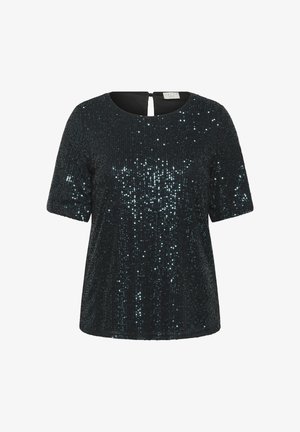 Short-sleeve black top covered in dark teal sequins with a round neckline and a keyhole button closure at the back.