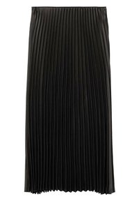 Falda negra plisada de diseño hasta la rodilla. Hecha de tela suave, presenta finas plisados verticales a lo largo de toda su longitud. Sin elementos visibles de cierre.