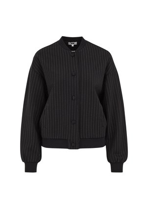 Black bomber jacket with vertical white pinstripes, featuring a round neckline, button closure, and ribbed cuffs and hem.
