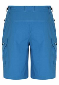 Blaue Cargo-Shorts mit hoher Taille, zwei seitlichen Taschen, glatter Textur und sichtbaren Nähten. Ideal für Outdoor-Aktivitäten.