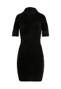 Abito nero a maglia aderente con maniche corte e colletto alto, lunghezza al ginocchio, tessuto testurizzato.