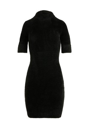 Abito nero a maglia aderente con maniche corte e colletto alto, lunghezza al ginocchio, tessuto testurizzato.