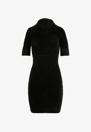 Sopiva musta neulemekko lyhyillä hihoilla ja korkealla kauluksella, polvitiehyn, tekstuurinen kangas.