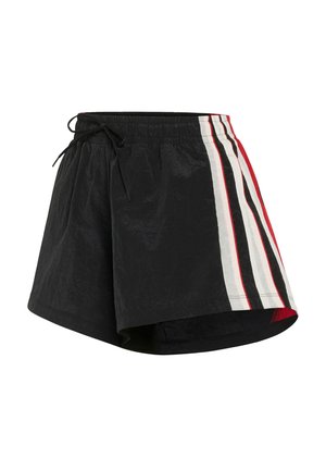 Czarne spodenki z elastycznym pasem i sznurkiem do regulacji. Posiadają pionowe paski w kolorze czerwonym, białym i czarnym wzdłuż boku. Lekki materiał.