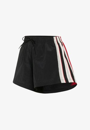 Sorte shorts med elastisk talje og snøre. Har lodrette striber i rød, hvid og sort langs siden. Letvægtsmateriale.