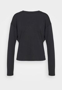 Black long-sleeve shirt with a round neckline and dropped shoulders, featuring a smooth texture and a relaxed fit.