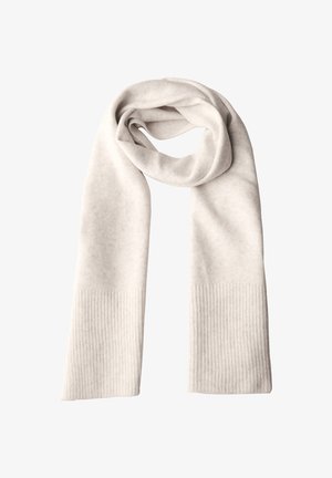 Light gray scarf made of soft fabric with a smooth texture, featuring ribbed accents at both ends. Long and rectangular shape.