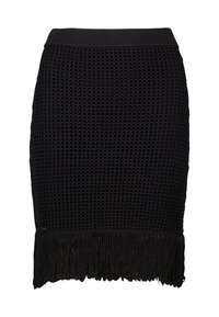 Jupe en maille noire avec un tissu texturé et un ourlet à franges. La taille est lisse et élastique, conçue pour une silhouette ajustée.