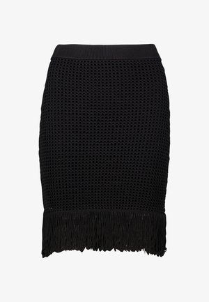 Black knit skirt featuring a textured fabric with a fringe hem. The waistband is smooth and elastic, designed for a fitted silhouette.