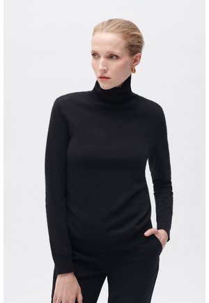 Schwarzer Rollkragenpullover aus weichem Strickstoff, mit langen Ärmeln und einer flexiblen, enganliegenden Silhouette. Einfaches und nahtloses Design.