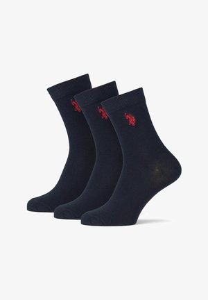 Sosete din bumbac de culoare bleumarin, de lungime crew, cu un logo roșu pe lateral. Set format din trei perechi, cu vârfuri ribbate și textură netedă.