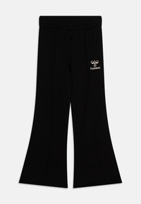Sorte flared bukser med en blød tekstur, elastisk talje og subtilt broderet logo på venstre lår.