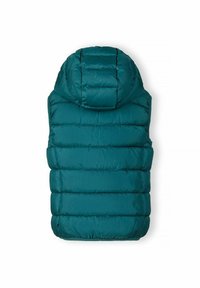 Tirkizni puhasti prsluk s kapuljačom, s prošivanjem i horizontalnim šavovima, te glatkom, sjajnom teksturom. Nema vidljivih kopčanja.