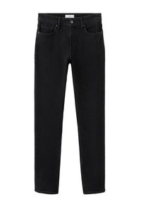 Schwarze Jeans aus Denim mit schmaler Passform, fünf Taschen, einem eingenähten Bund mit Knopfverschluss und minimalistischen Nähten.