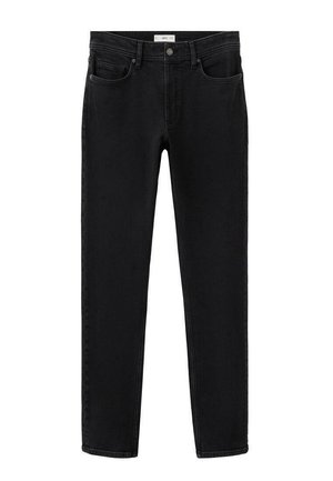 Jean en denim noir à coupe slim, doté de cinq poches, d'une ceinture cousue avec une fermeture par bouton, et de coutures minimalistes.