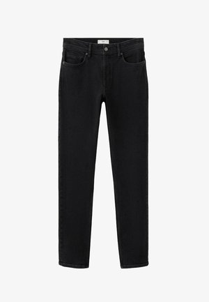 Jean en denim noir à coupe slim, doté de cinq poches, d'une ceinture cousue avec une fermeture par bouton, et de coutures minimalistes.