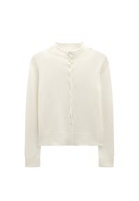 Sweter zapinany na guziki w kremowej mieszance wełny, z wysokim kołnierzem, długimi rękawami i prostym krojem z rzędem guzików z przodu.
