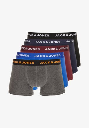 Fem par herrboxershorts i olika färger: grå, blå, burgunder, mörk marinblå och svart. Varje par har ett elastiskt midjeband med varumärke.