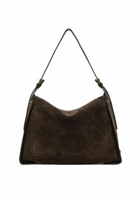 Bruine suède handtas met een slouchy ontwerp, enkele verstelbare schouderriem, donkere randen en accenten in goudkleurig metaal. Gladde textuur.