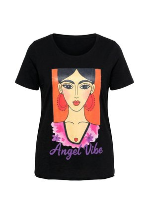 Czarny bawełniany t-shirt z kolorowym wzorem przedstawiającym twarz kobiety z kolczykami, kwiatowymi akcentami oraz napisem "Angel Vibe".