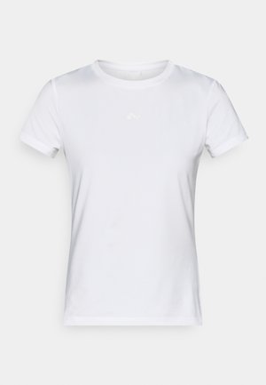 T-shirt bianca a maniche corte realizzata in tessuto liscio. Presenta uno scollo tondo e un logo sottile in grigio chiaro sulla parte superiore sinistra del petto.