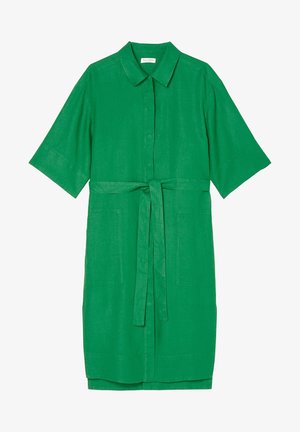 Vestido verde hasta la rodilla con mangas cortas, cuello, botones delanteros, dos bolsillos delanteros y cinturón a juego para la cintura.