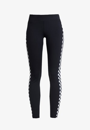 Schwarze Leggings mit einer Seitenbahn im schwarz-weißen Karomuster. Hergestellt aus elastischem Stoff, bieten sie eine figurbetonte Passform und eine glatte Textur.