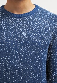 Blå stickad tröja med ett texturerat mönster av vita pilformer, med en ribbad rund halsringning och raglanärmar.