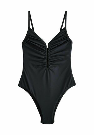 Schwarzer Einteiler mit verstellbaren Spaghettiträgern, gerafftem Vorderteil, V-Ausschnitt und Cut-out-Detail. Glatter Stoff.