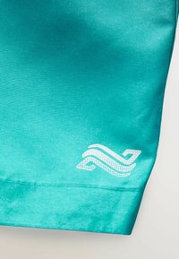 Turkise sportsshorts lavet af letvægtsstof; har et broderet logo i hvidt på kanten, en glat tekstur og et strømlinet design.