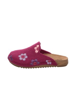 Weicher rosa Slip-On-Hausschuh mit bestickten lila und rosa Blumen, einer hellbraunen Innensohle und einer braunen profilierten Sohle.