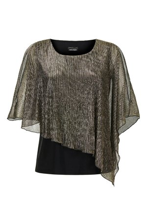Zwarte top met een metallic gouden overlay, voorzien van een gestructureerde, glanzende afwerking en een asymmetrisch ontwerp. Rond de hals en met vloeiende mouwen.