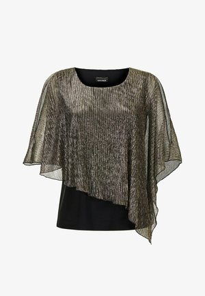Schwarzes Oberteil mit einer metallischen goldenen Überlagerung, das eine strukturierte, schimmernde Oberfläche und ein asymmetrisches Design aufweist. Rundhalsausschnitt und fließende Ärmel.