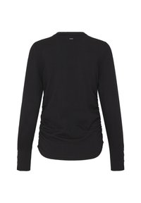 Czarna bluzka z długim rękawem, z marszczeniami po bokach, gładką fakturą, okrągłym dekoltem i guzikami przy mankietach.