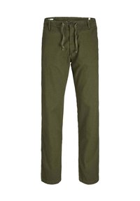 Pantaloni in cotone verde oliva con una vestibilità comoda, vita con cordoncino e chiusura frontale a bottone. Tessuto liscio senza motivi o accenti visibili.