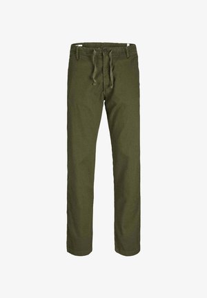 Pantaloni in cotone verde oliva con una vestibilità comoda, vita con cordoncino e chiusura frontale a bottone. Tessuto liscio senza motivi o accenti visibili.