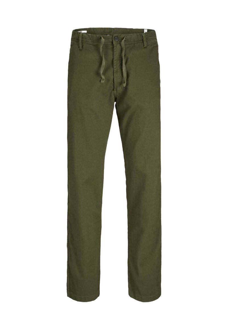 Pantaloni in cotone verde oliva con una vestibilità comoda, vita con cordoncino e chiusura frontale a bottone. Tessuto liscio senza motivi o accenti visibili.